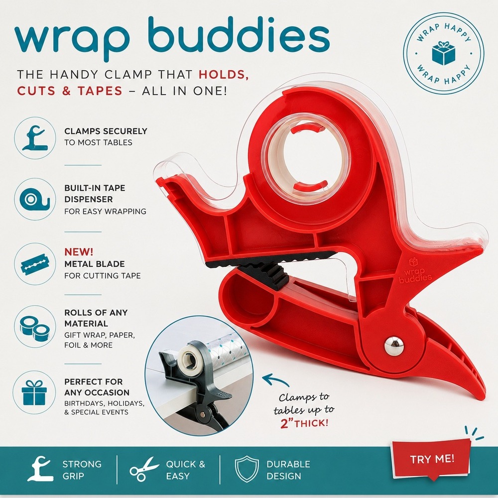 Wrap Buddies Tabletop Gift Wrapping Tool  Cherry Red Tape‎ Dispenser Clamps